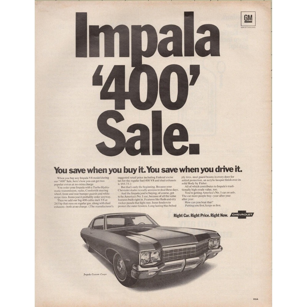 Impala 400 Cubic Inch 265 hp Sale Chevrolet Muscle Vintage Auto Print Ad 1970